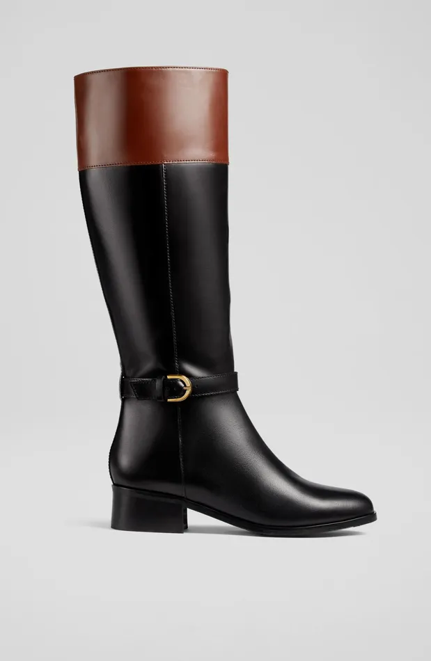 LK Bennett Bennett Black And Tan Leather Flat KneeHigh Boots Women Boots