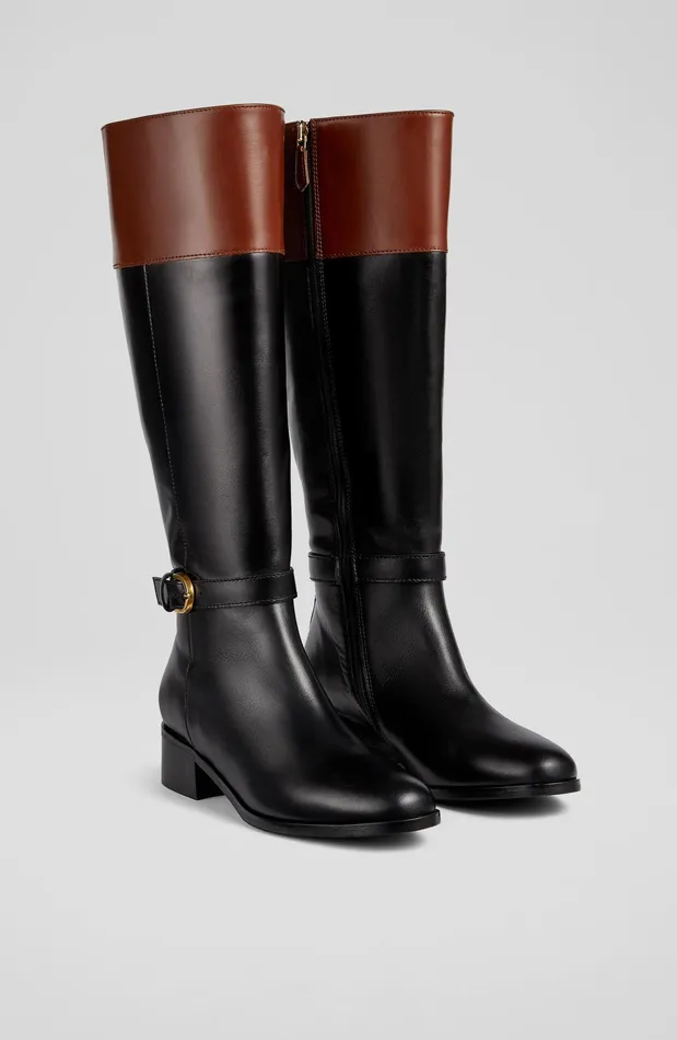 LK Bennett Bennett Black And Tan Leather Flat KneeHigh Boots Women Boots