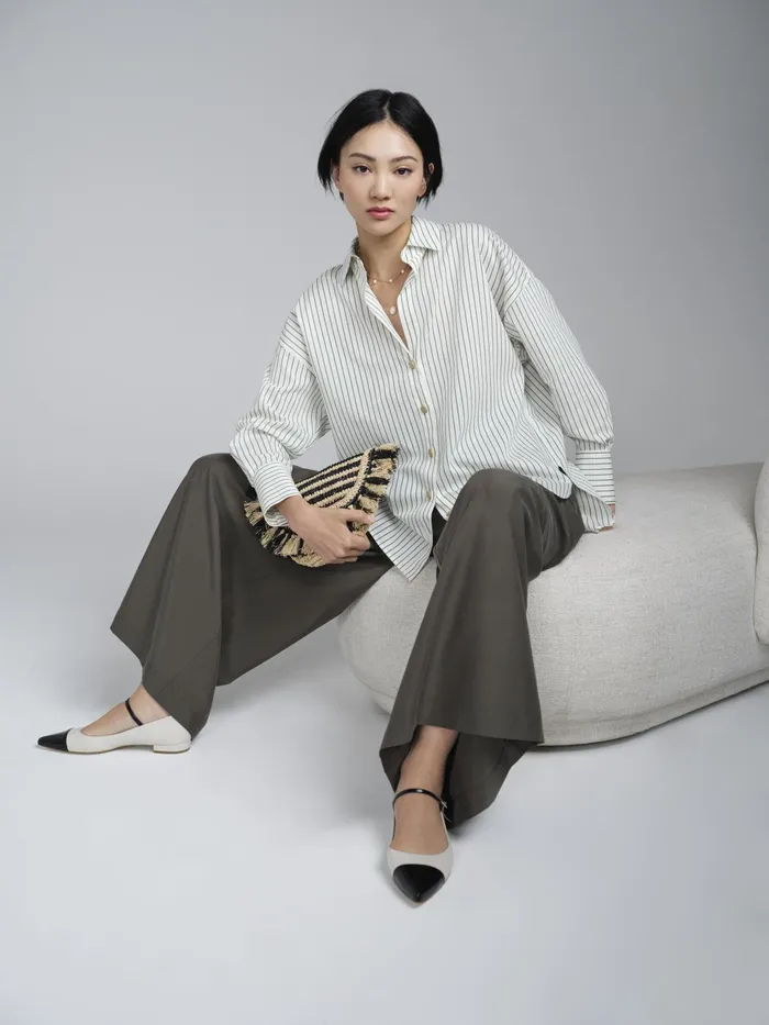 LK Bennett Bextor Cream And Green Stripe Italian ViscoseCotton Shirt Women Tops