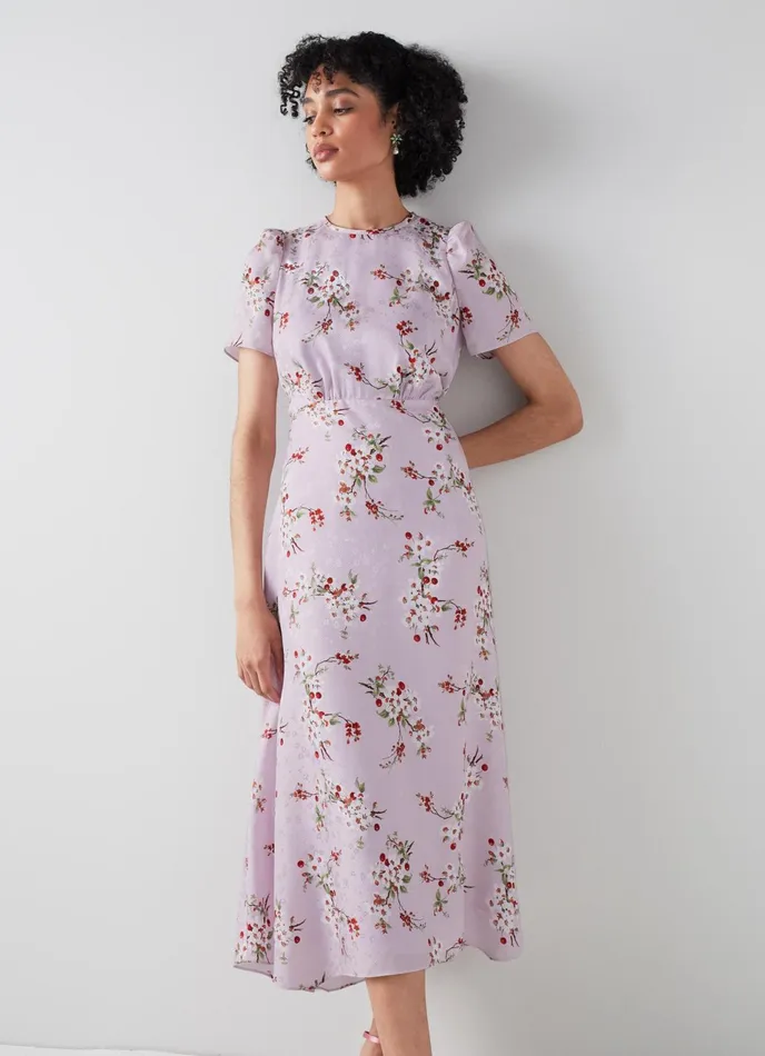 LK Bennett Boyd Lilac And Red Cherry Blossom Print Silk Jacquard Dress Women Dresses