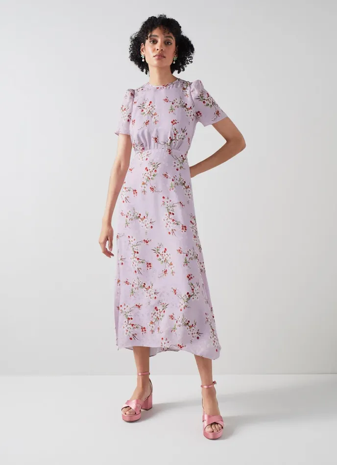 LK Bennett Boyd Lilac And Red Cherry Blossom Print Silk Jacquard Dress Women Dresses