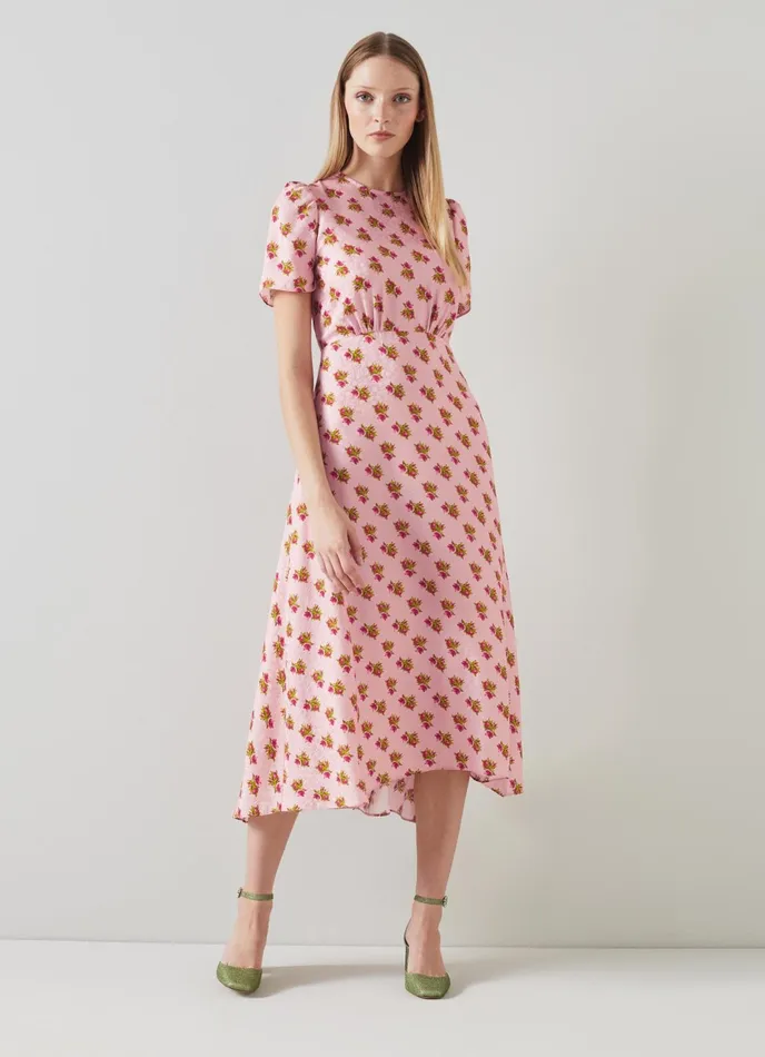 LK Bennett Boyd Lilac And Red Cherry Blossom Print Silk Jacquard Dress Women Dresses