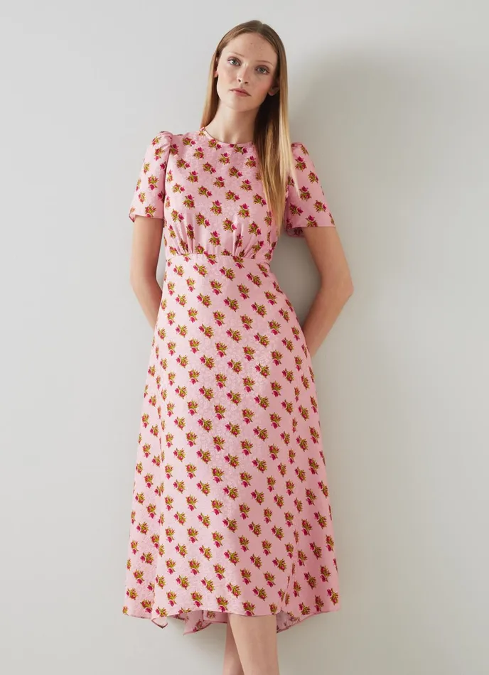 LK Bennett Boyd Lilac And Red Cherry Blossom Print Silk Jacquard Dress Women Dresses