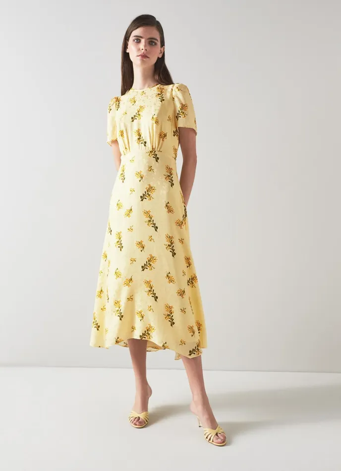 LK Bennett Boyd Lilac And Red Cherry Blossom Print Silk Jacquard Dress Women Dresses