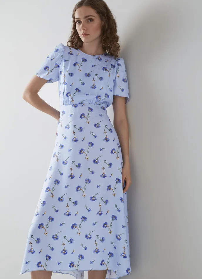 LK Bennett Boyd Lilac And Red Cherry Blossom Print Silk Jacquard Dress Women Dresses