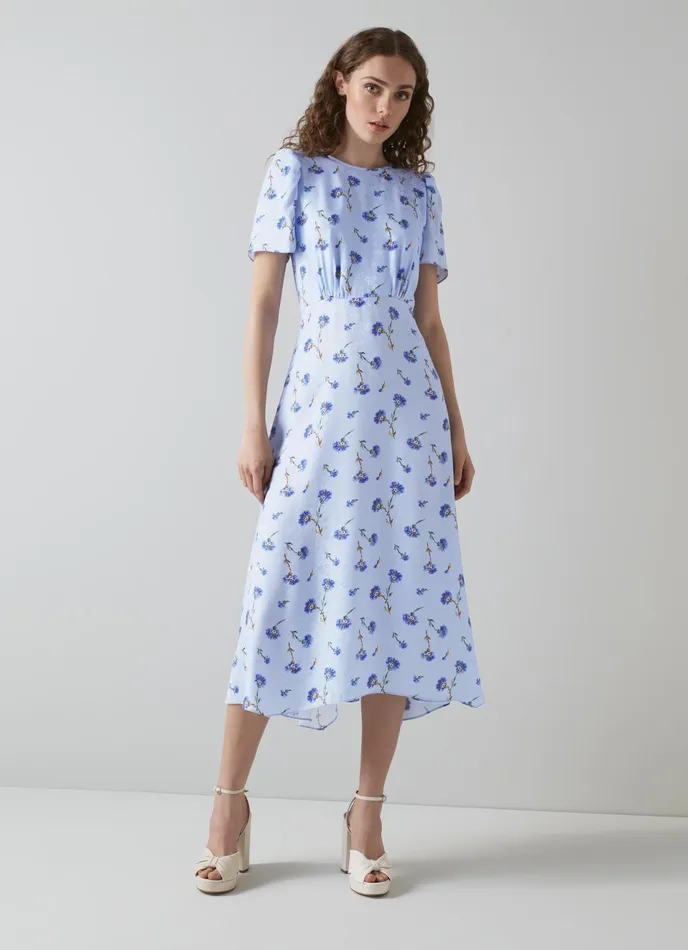 LK Bennett Boyd Lilac And Red Cherry Blossom Print Silk Jacquard Dress Women Dresses