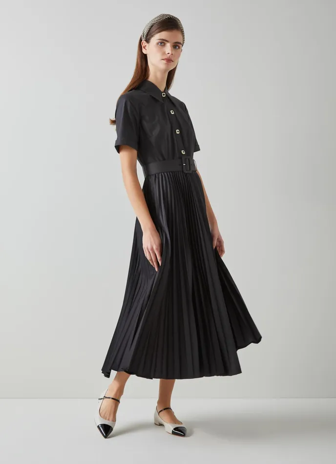 LK Bennett Cally Black Pleated Shirt Dress Women Dresses
