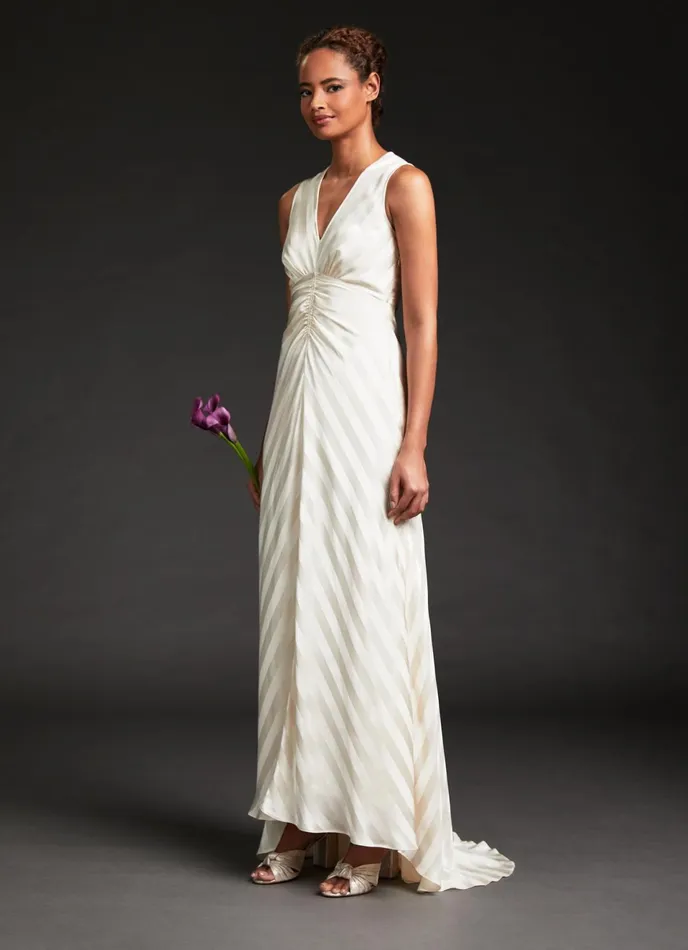 LK Bennett Colette Cream Silk Chevron Stripe Long Wedding Dress Women Dresses