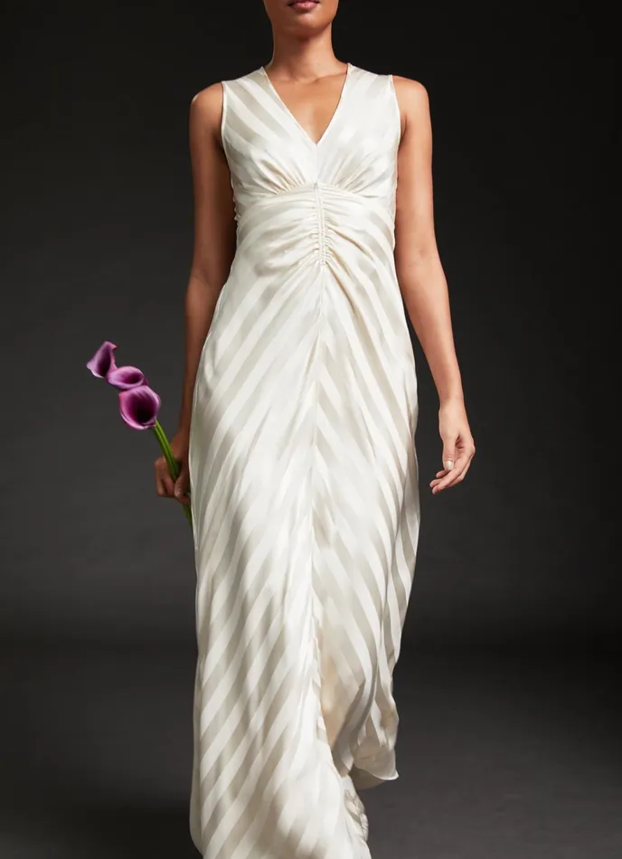 LK Bennett Colette Cream Silk Chevron Stripe Long Wedding Dress Women Dresses