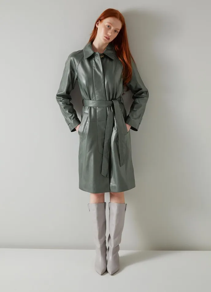 LK Bennett Cora Green Leather Trench Coat Women Coats and Jackets