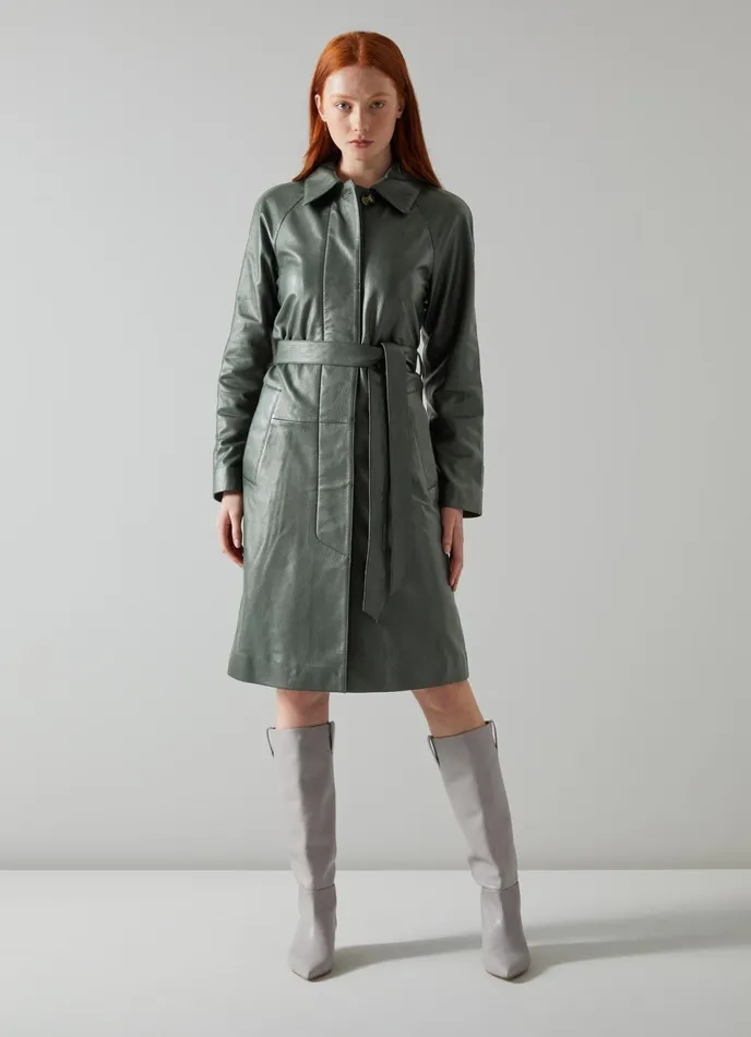 LK Bennett Cora Green Leather Trench Coat Women Coats and Jackets