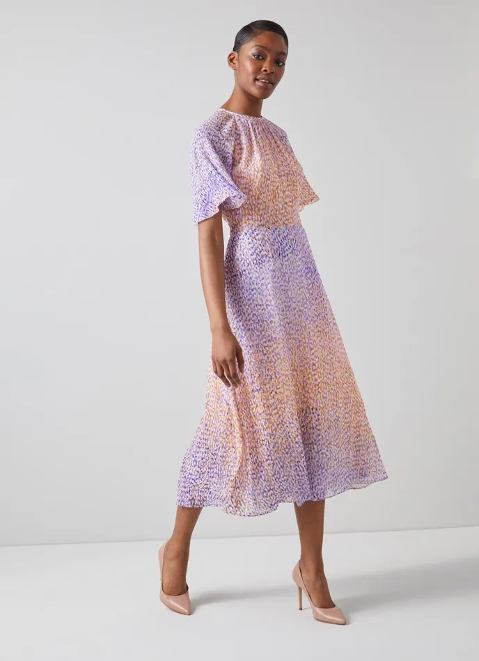 LK Bennett Elowen Purple And Peach Animal Print Midi Dress Women Dresses