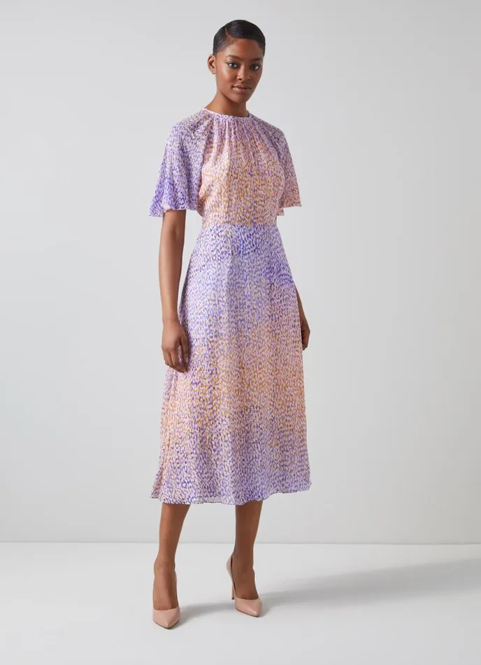 LK Bennett Elowen Purple And Peach Animal Print Midi Dress Women Dresses