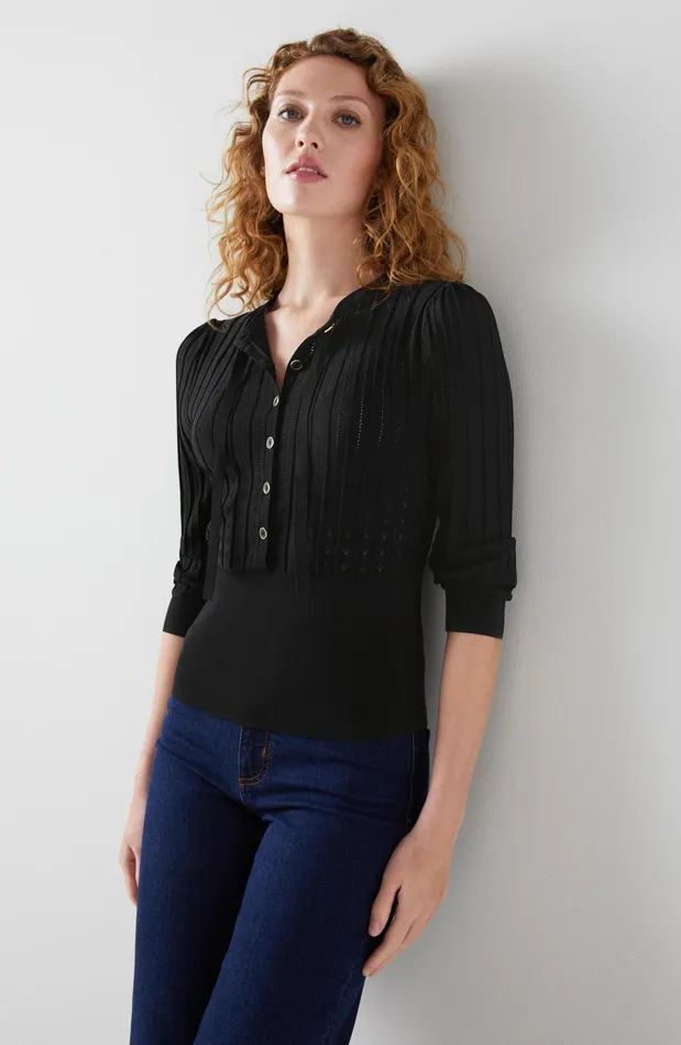 LK Bennett Freida Black Pointelle Knit Top Women Knitwear