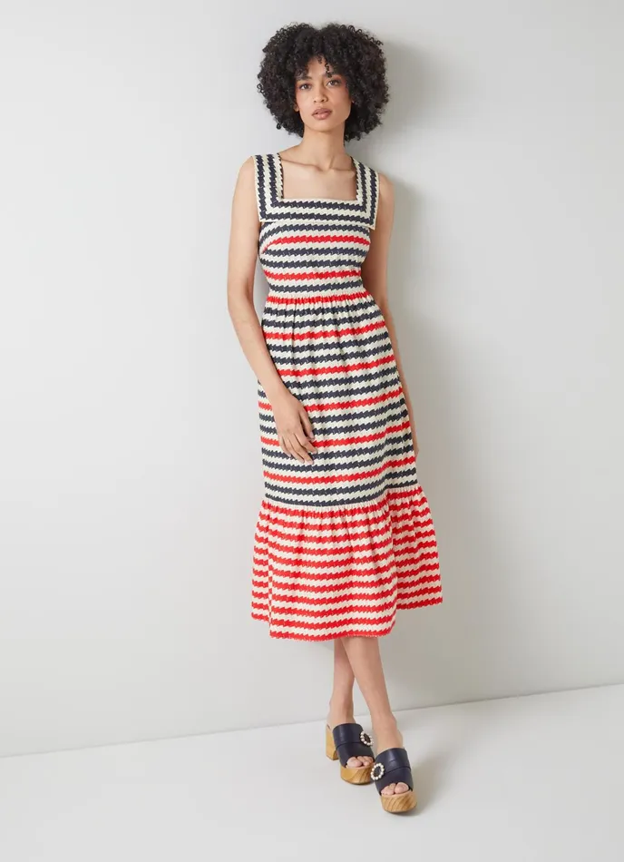 LK Bennett June Blue Red And Cream Wavy Stripe Cotton Dress Women Dresses