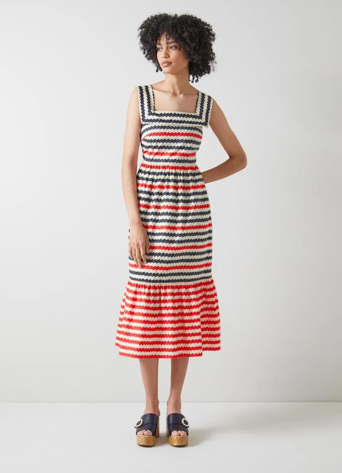 LK Bennett June Blue Red And Cream Wavy Stripe Cotton Dress Women Dresses