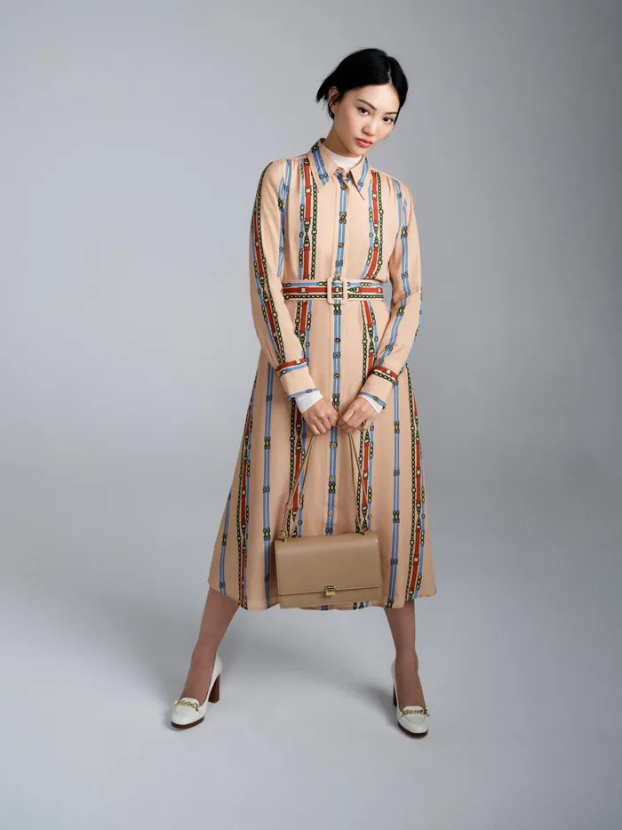 LK Bennett Kate Camel Belt Print ViscoseSilk Blend Shirt Dress Women Dresses