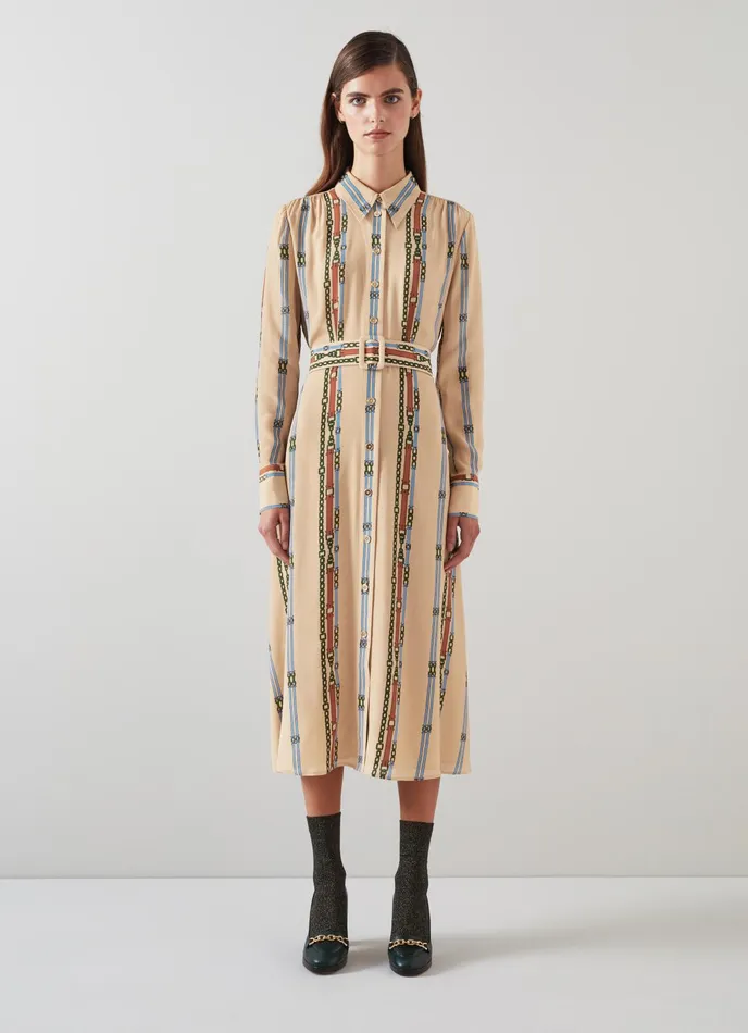 LK Bennett Kate Camel Belt Print ViscoseSilk Blend Shirt Dress Women Dresses