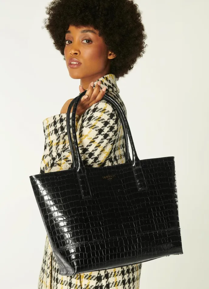 LK Bennett Lacey Black CrocEffect Leather Tote Bag Women Tote Bags