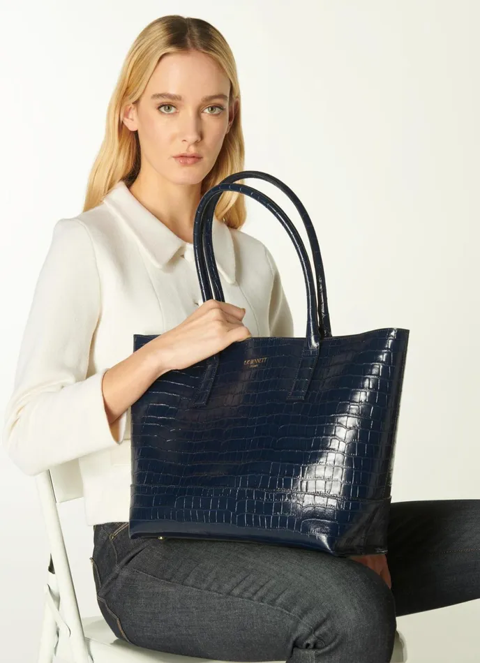 LK Bennett Lacey Black CrocEffect Leather Tote Bag Women Tote Bags