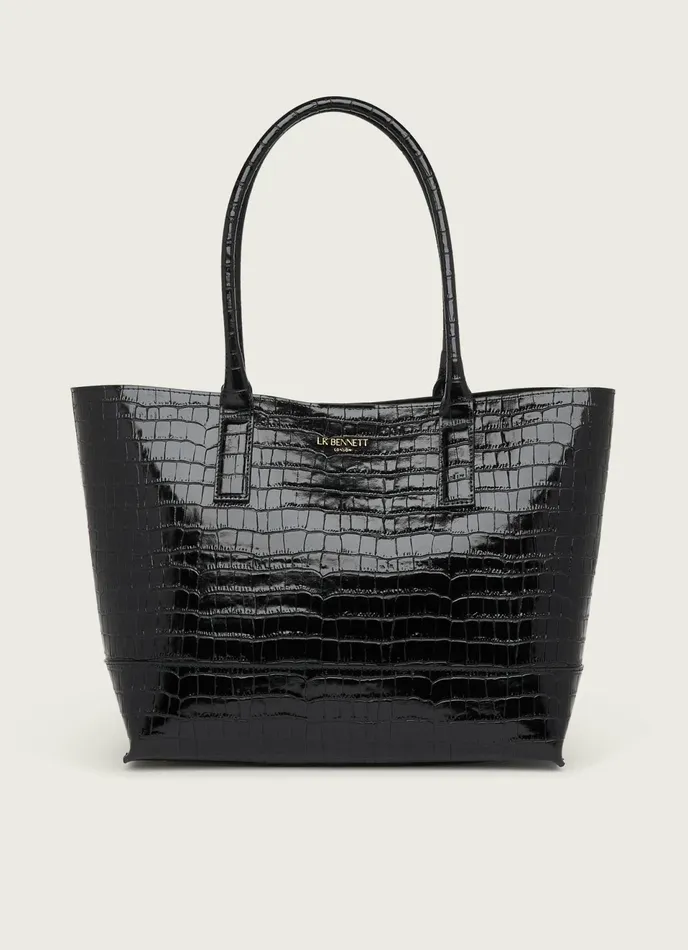 LK Bennett Lacey Black CrocEffect Leather Tote Bag Women Tote Bags