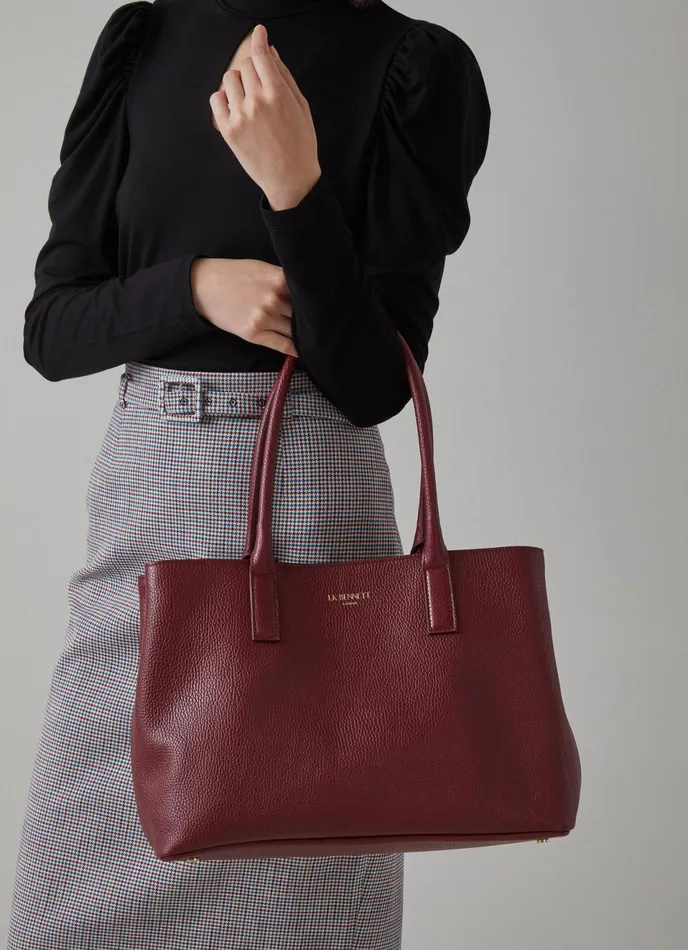 LK Bennett Lillian Burgundy Grainy Leather Tote Bag Women Tote Bags