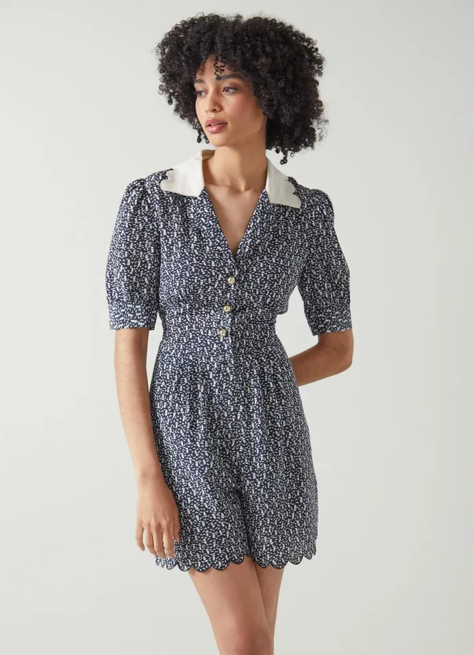 LK Bennett Lita Navy And Cream Sail Boat Print Silk Playsuit Women Dresses