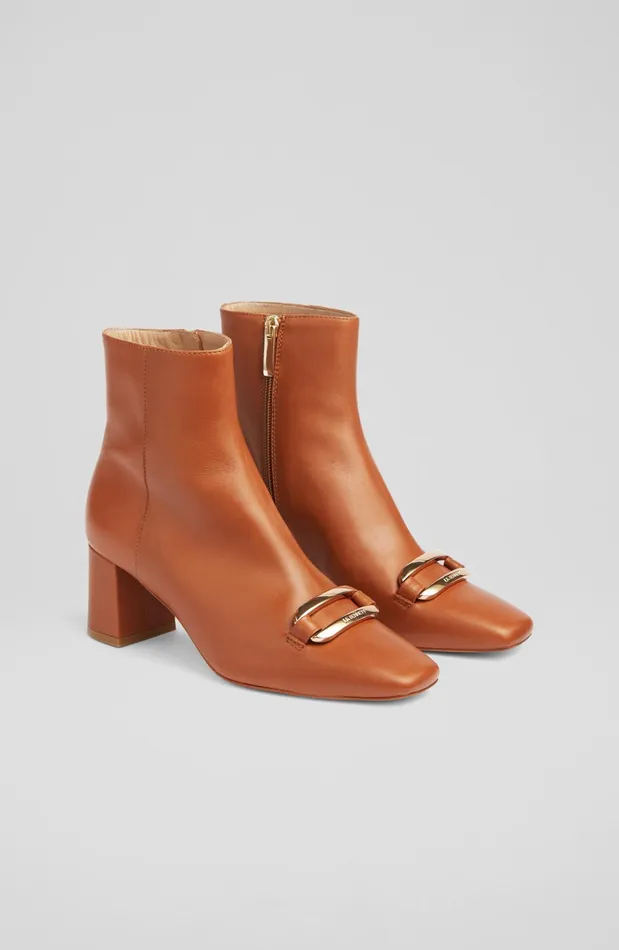 LK Bennett Novella Tan Leather Gold Bar Ankle Boots Women Boots