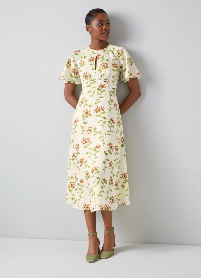 LK Bennett Pascal Cream Valerian Floral Print Silk Dress Women Dresses