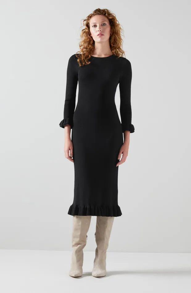 LK Bennett Rachel Black Rib Knit Frilled Dress Women Dresses