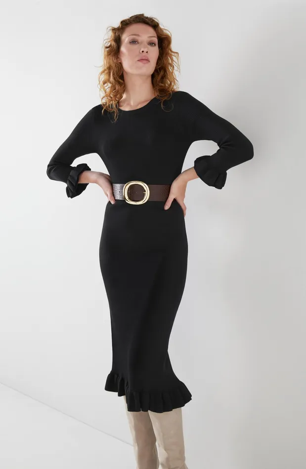 LK Bennett Rachel Black Rib Knit Frilled Dress Women Dresses