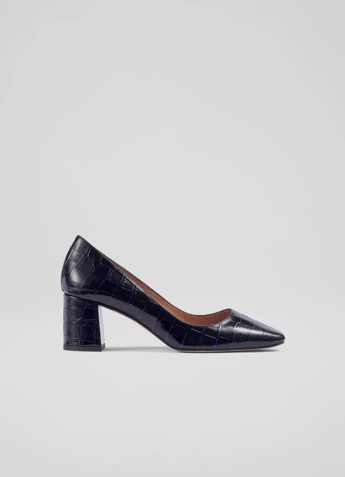 LK Bennett Sally Navy CrocEffect Leather Courts Women Court Shoes