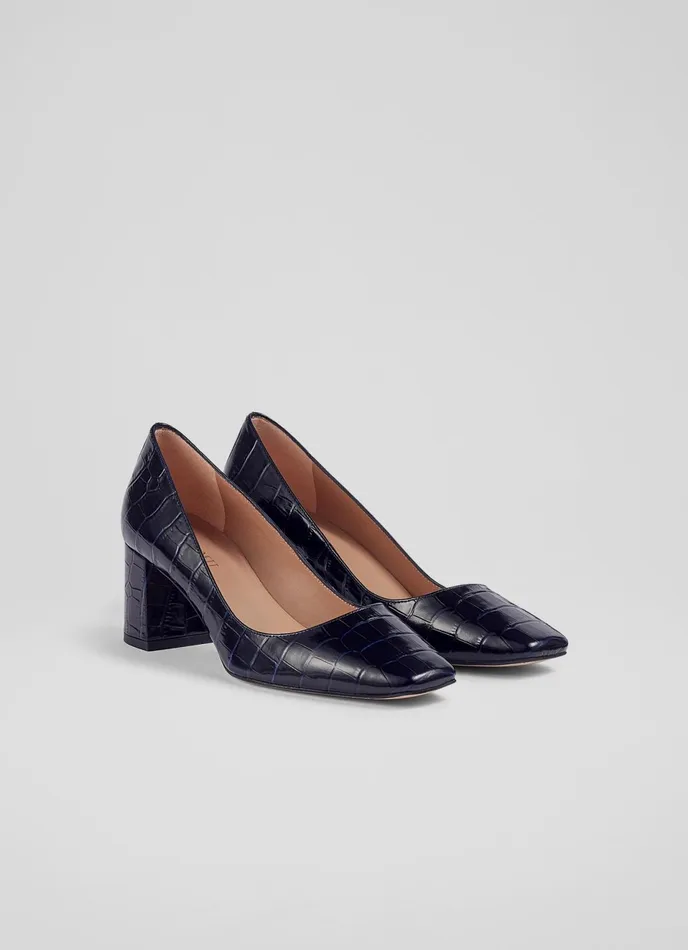 LK Bennett Sally Navy CrocEffect Leather Courts Women Court Shoes