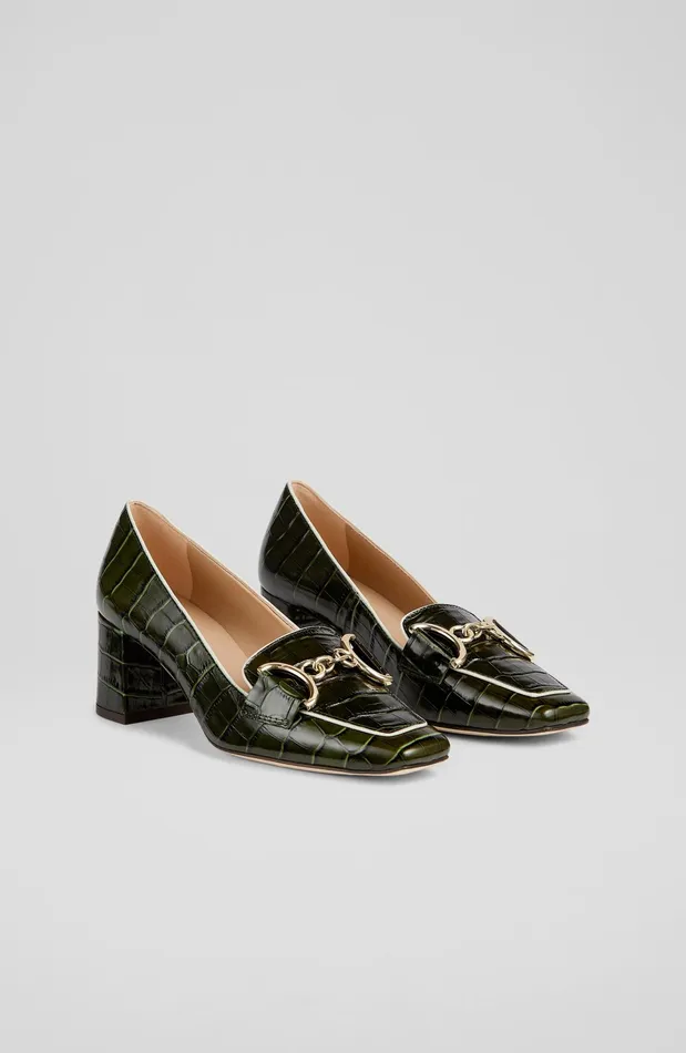LK Bennett Samantha Green CrocEffect Leather SnaffleDetail Courts Women Court Shoes