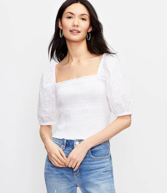 LOFT Clip Smocked Blouse White Women Tops