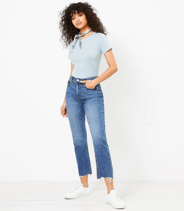 LOFT Distressed Hem High Rise Straight Crop Jeans In Authentic Dark Indigo Wash Authentic Dark Indigo Wash Women Jeans