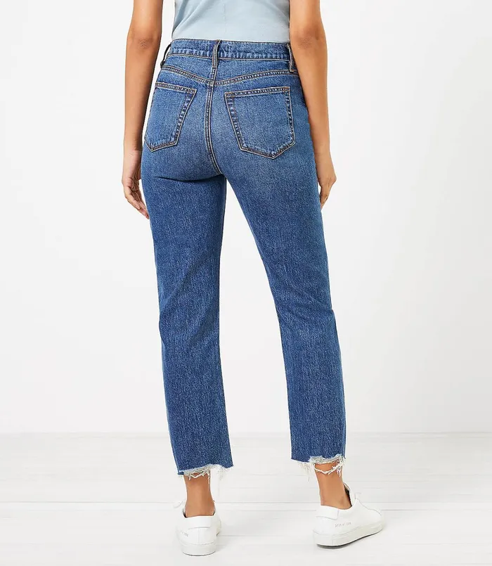 LOFT Distressed Hem High Rise Straight Crop Jeans In Authentic Dark Indigo Wash Authentic Dark Indigo Wash Women Jeans