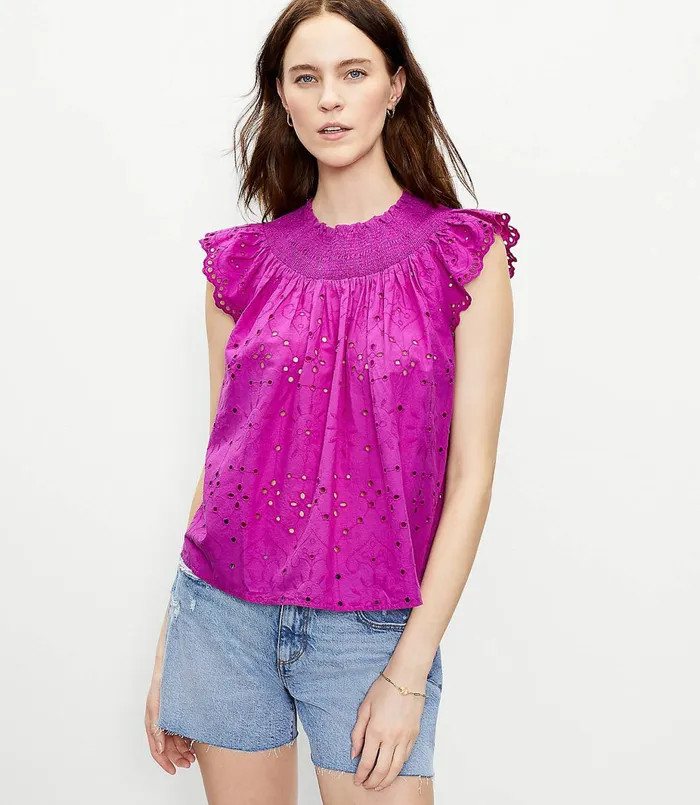 LOFT Eyelet Smocked Neck Shell Deep Magenta Women Tops