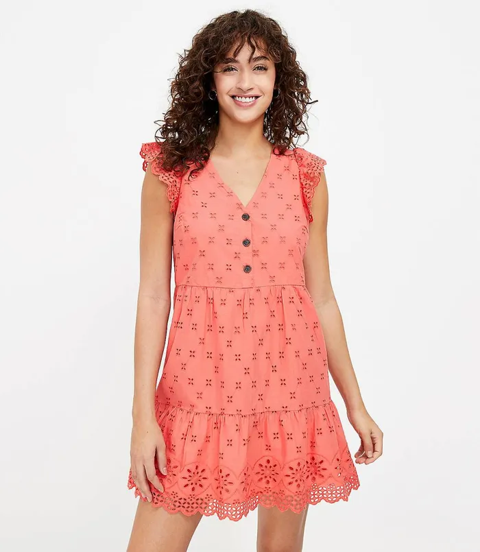 LOFT Eyelet Tiered Swing Dress Candied Orange Women Swing Dresses