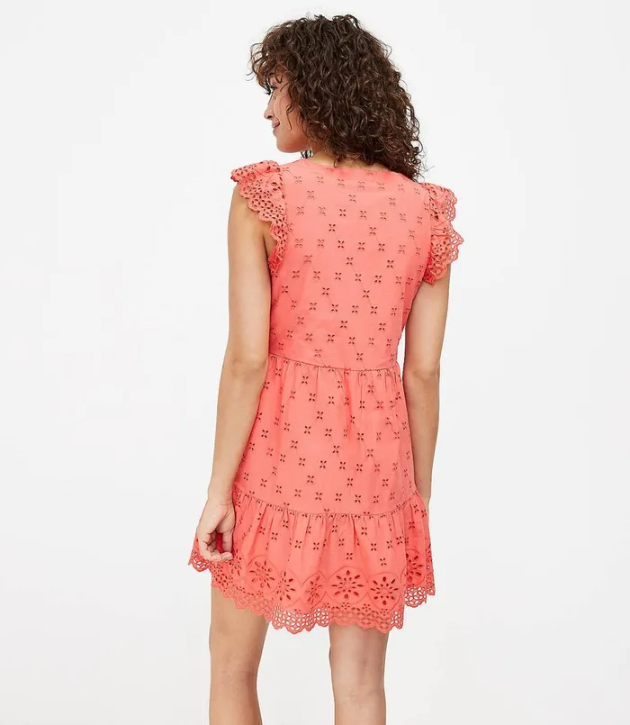 LOFT Eyelet Tiered Swing Dress Candied Orange Women Swing Dresses