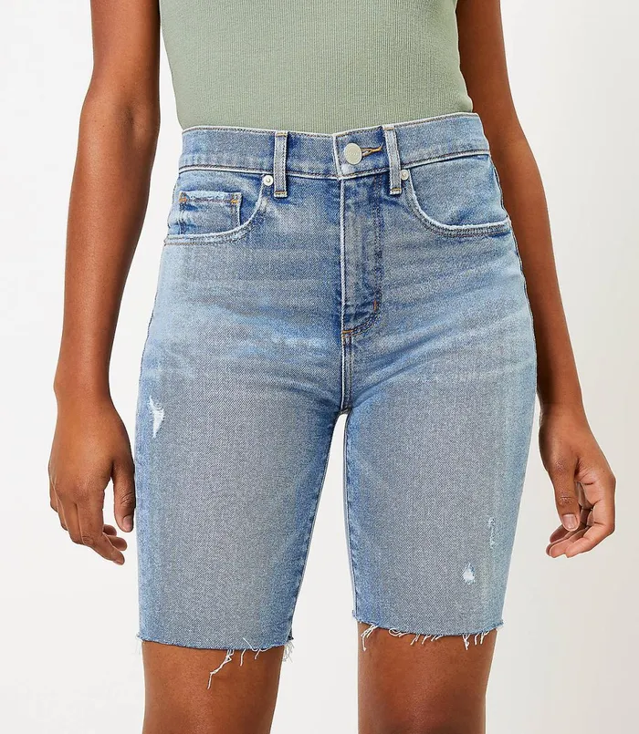 LOFT Frayed Denim Bike Shorts In Light Wash Indigo Light Wash Indigo Women Shorts LOFT Frayed Denim Bike Shorts In Light Wash Indigo Light Wash Indigo Women Shorts