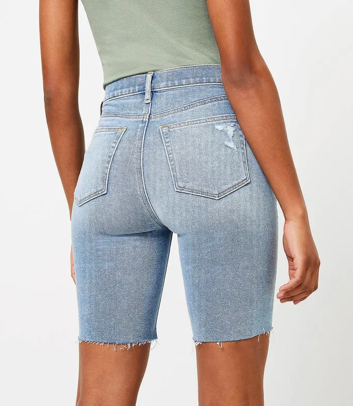 LOFT Frayed Denim Bike Shorts In Light Wash Indigo Light Wash Indigo Women Shorts