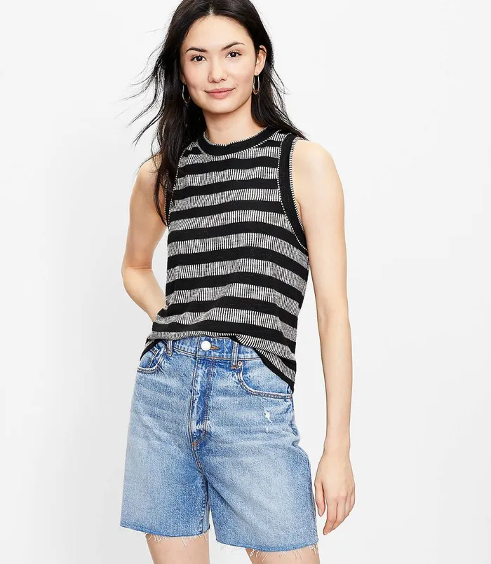 LOFT Geo Striped Crew Neck Tank Top Black Women Petite Tees