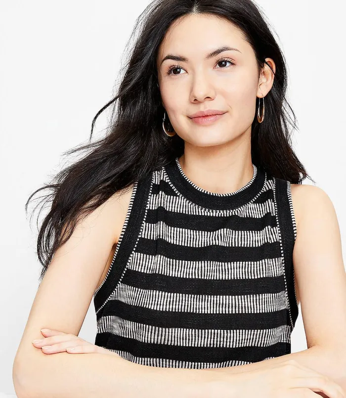 LOFT Geo Striped Crew Neck Tank Top Black Women Petite Tees