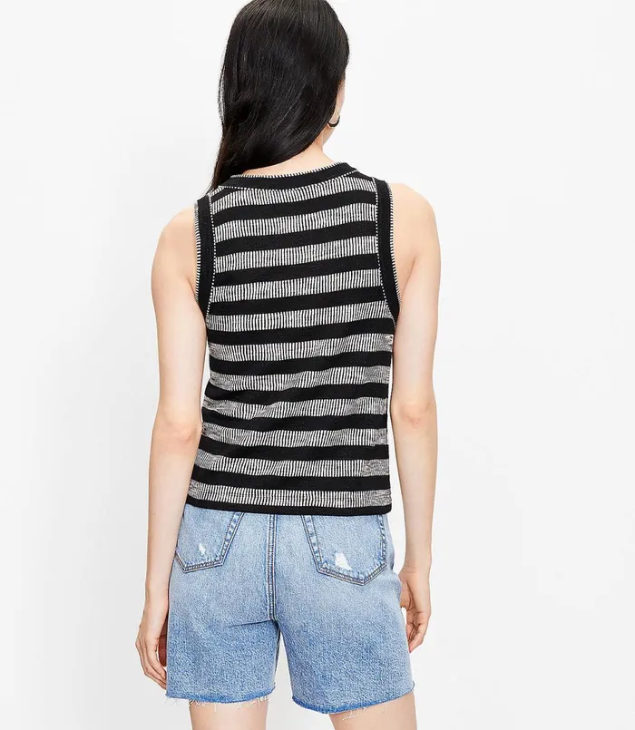 LOFT Geo Striped Crew Neck Tank Top Black Women Petite Tees