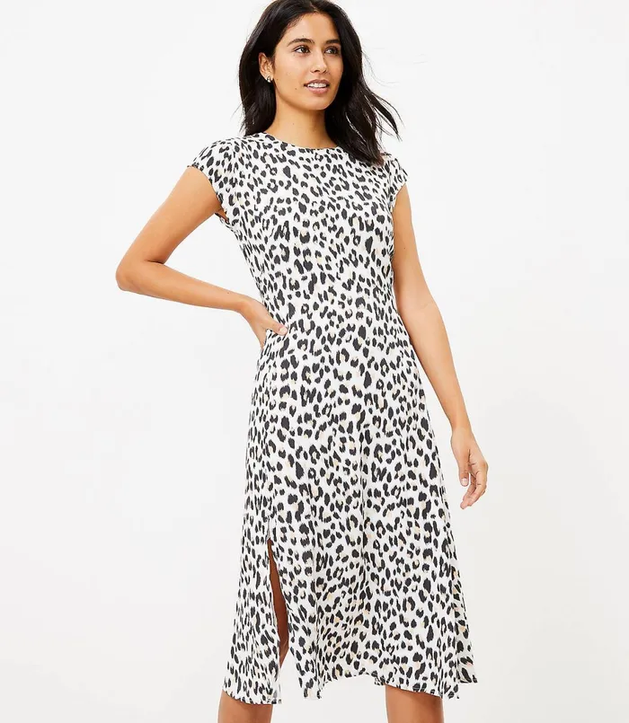 LOFT Leopard Print Flutter Sleeve Midi Dress Whisper White Women Midi and Maxi