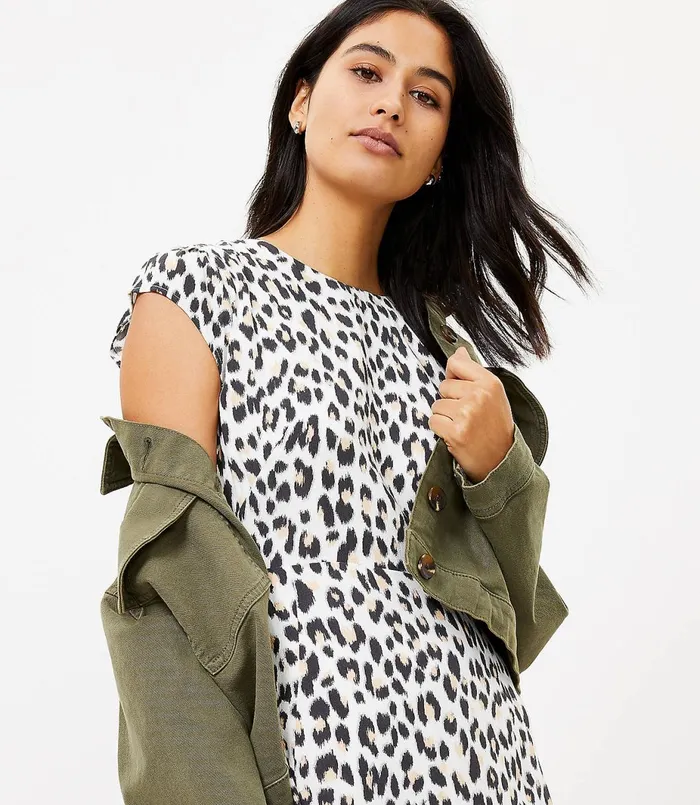 LOFT Leopard Print Flutter Sleeve Midi Dress Whisper White Women Midi and Maxi