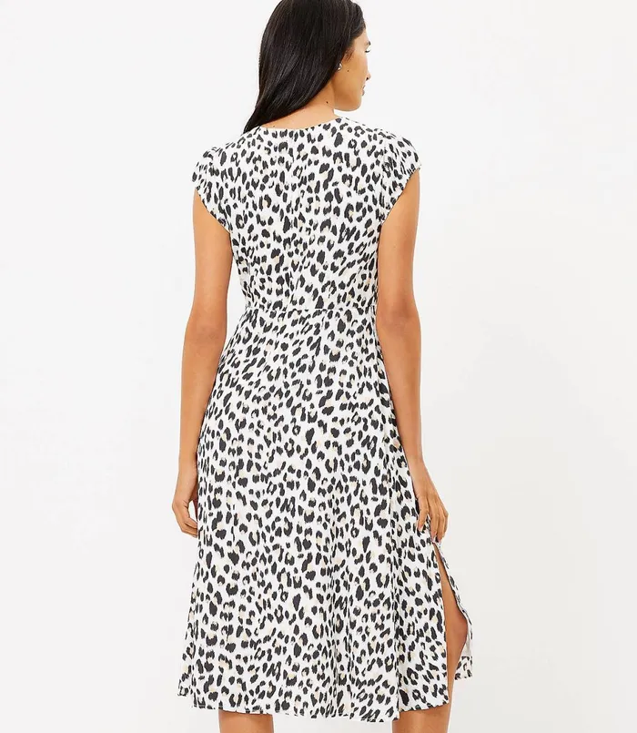 LOFT Leopard Print Flutter Sleeve Midi Dress Whisper White Women Midi and Maxi