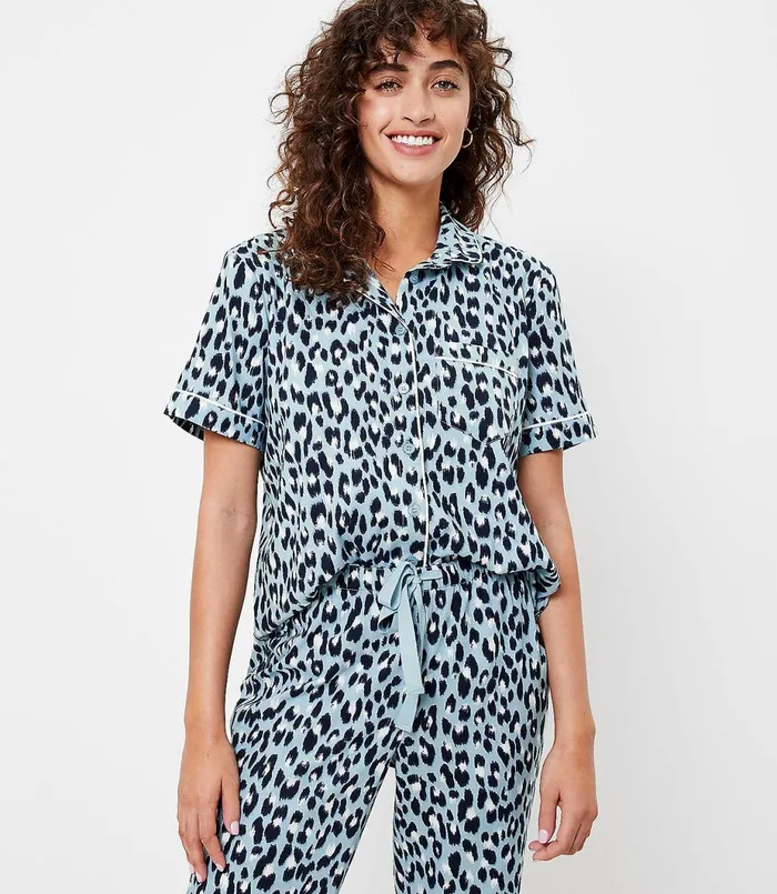 LOFT Leopard Print Pajama Top Blue Seaglass Women Sleepwear