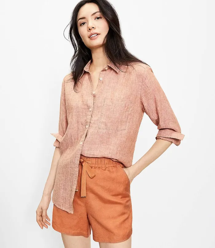LOFT Linen Shirt Rich Hazelnut Women Petite Tops